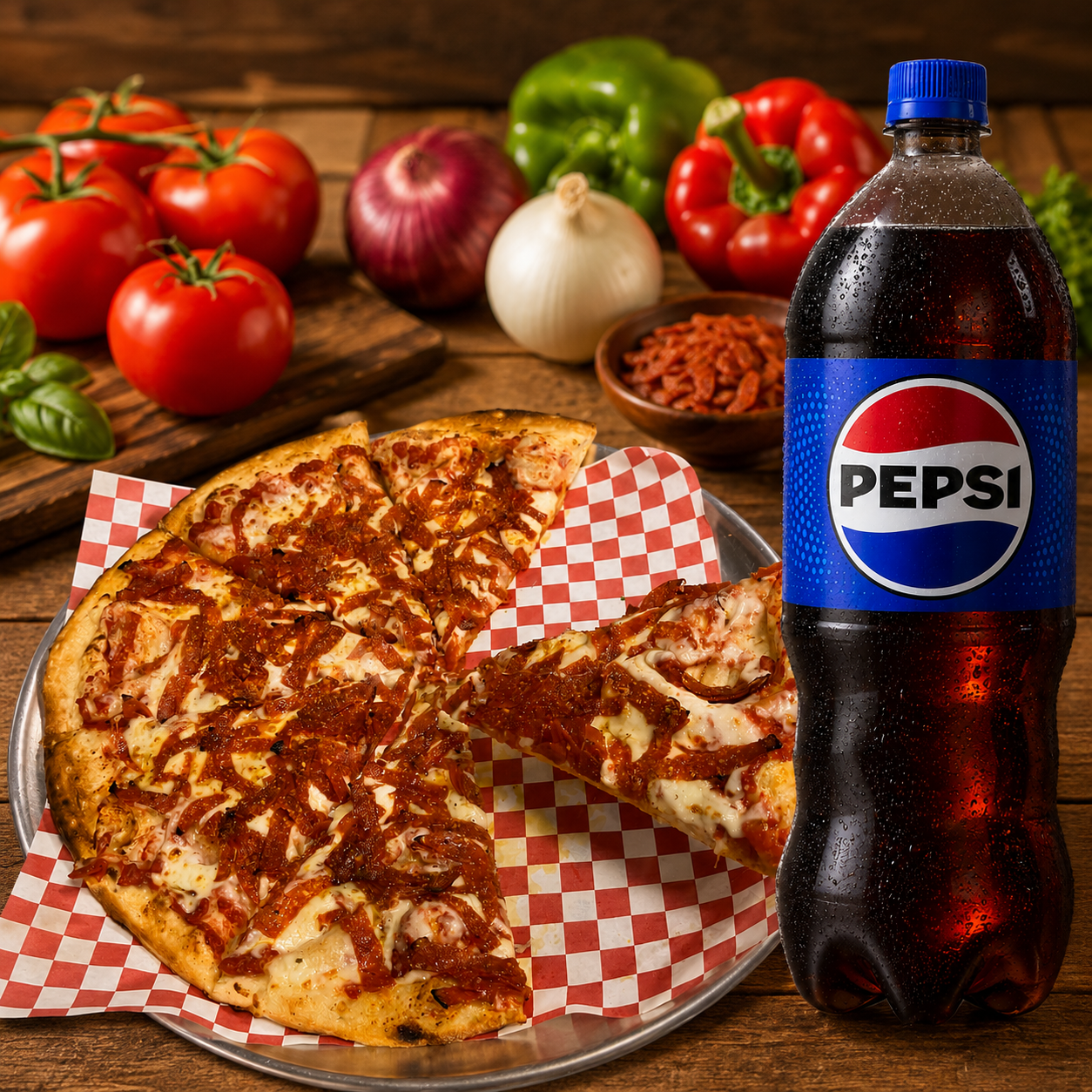 Large pepperoni pizza with Pepsi from Pizza Meltdown