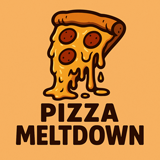 Pizza Meltdown logo, Depicting ad Slice of Pepperoni pizza driping with cheese. Below is PIZZA MELTDOWN
