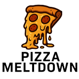 Pizza Meltdown Logo, Pepperoni Pizza Slice with cheese driping down. text of Pizza Meltdown.